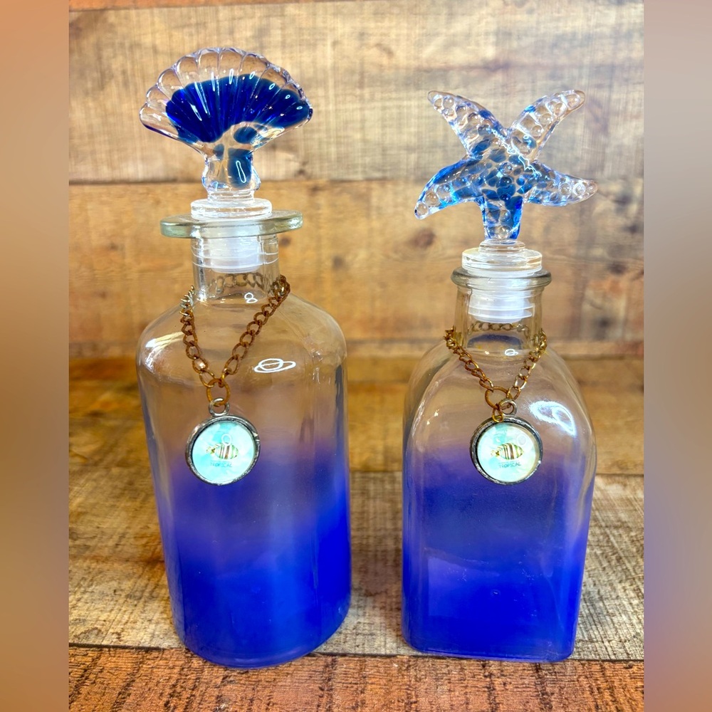 Blue Harbor Glass Perfume Bottles Crystal Sea Shell Stoppers Beach House Decor